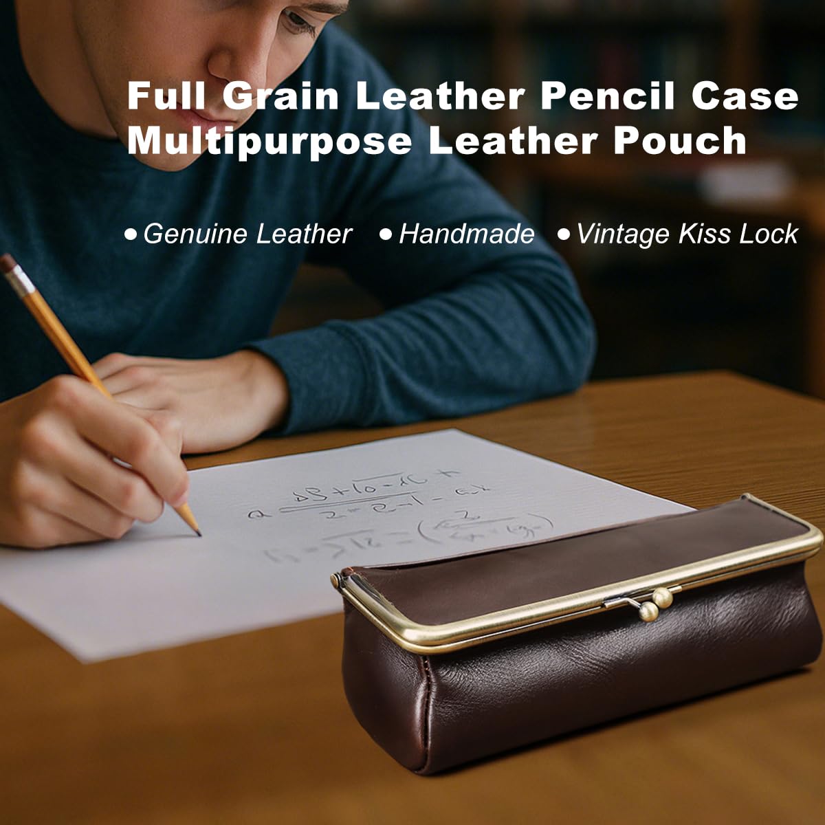 CONTACTS Full Grain Leather Pencil Case with Kiss Lock Pen  display picture 1