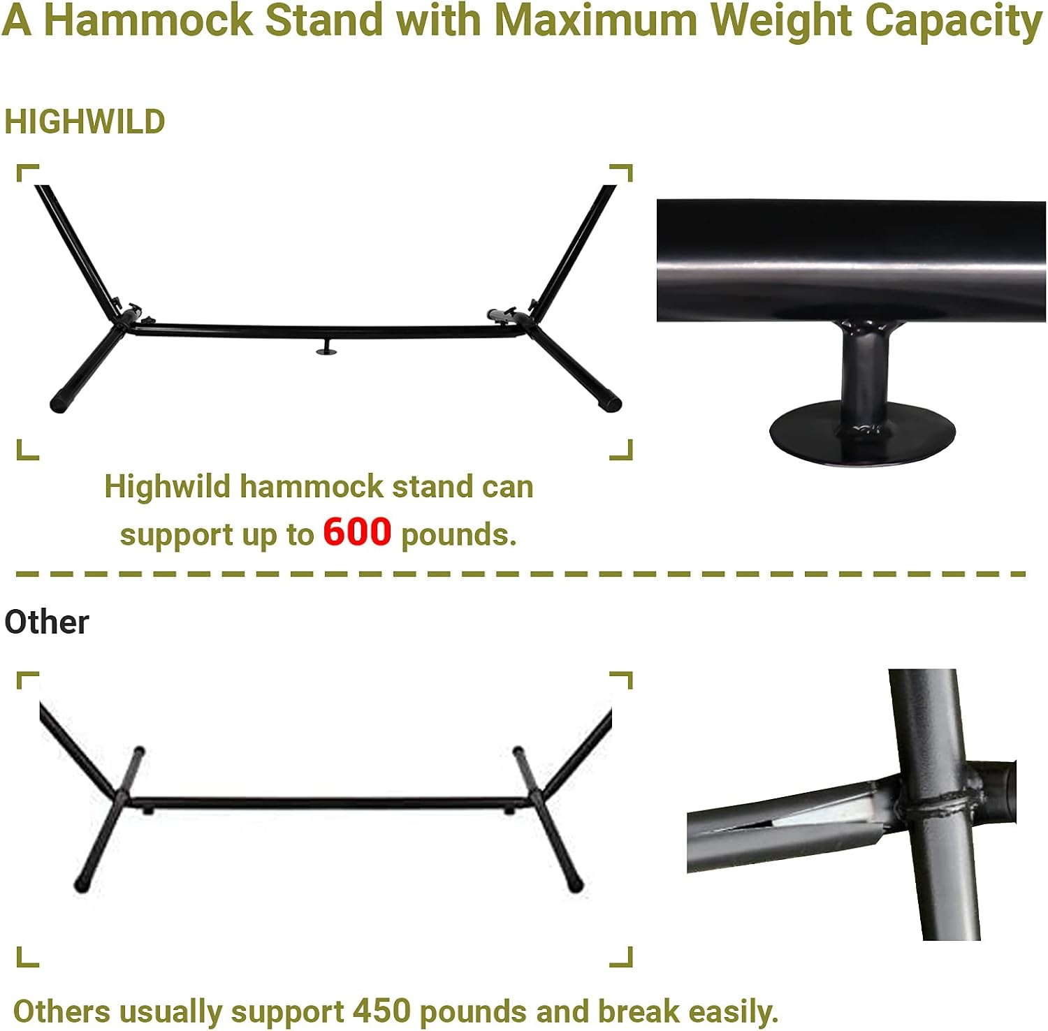 Highwild Double Hammock with Space Saving Steel Stand - Max 600 Lbs - 2 Person Adjustable Cotton Hammock Includes Portable Carrying Bag(White/Coffee)