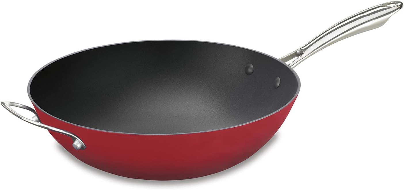 Cuisinart CastLite Non-Stick Cast Iron Open Stir Fry Pan with Helper, 5-Quart, Red