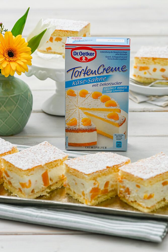 Dr. Oetker Tortencreme Käse-Sahne mit Dekorzucker 11 x 150 g – Ein echter Klassiker ist die Käse-Sahne Torte, die mit der Creme einfach zu backen ist und Dank der Dr. Oetker Tortencreme Käse-Sahne mit Dekorzucker köstlich schmeckt.
