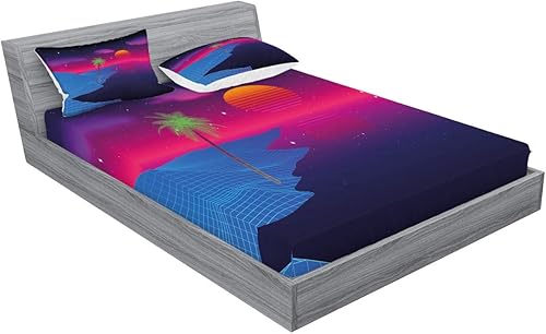 Miniatura 2 de Ambesonne Synthwave - Juego de sábanas bajeras y fundas de almohada, colorido abstracto retrowave playa con palma y sol anochecer videojuego, juego