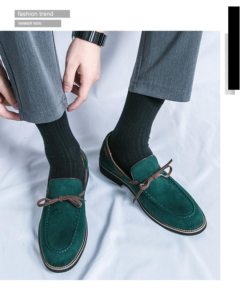 Santimon Men's Suede Moccasin Loafers Slip-On Casual Shoes with Bow Tie Detail Navy Green Brown4