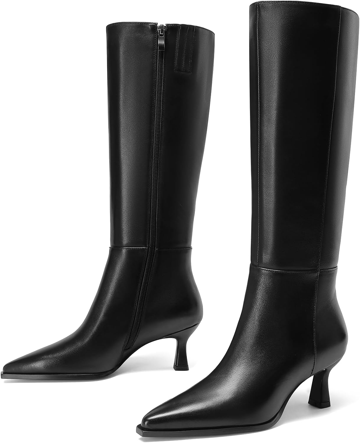 Kitten Heel Knee High Boots Women-Pointed Toe Faux Leather Stiletto Side Zipper Long Tall Dress Boot