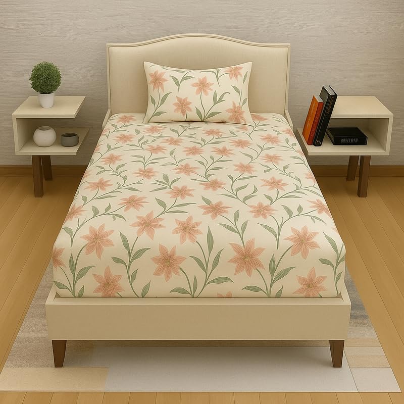 Image of Premium Cotton Elastic Fitted Bedsheets with 1 Pillow Covers |Floral Printed Single Bed Elastic 220 TC Supersoft Breathable & Wrinklefree | for 72x36+6 Inches, Pattren Floral Almond