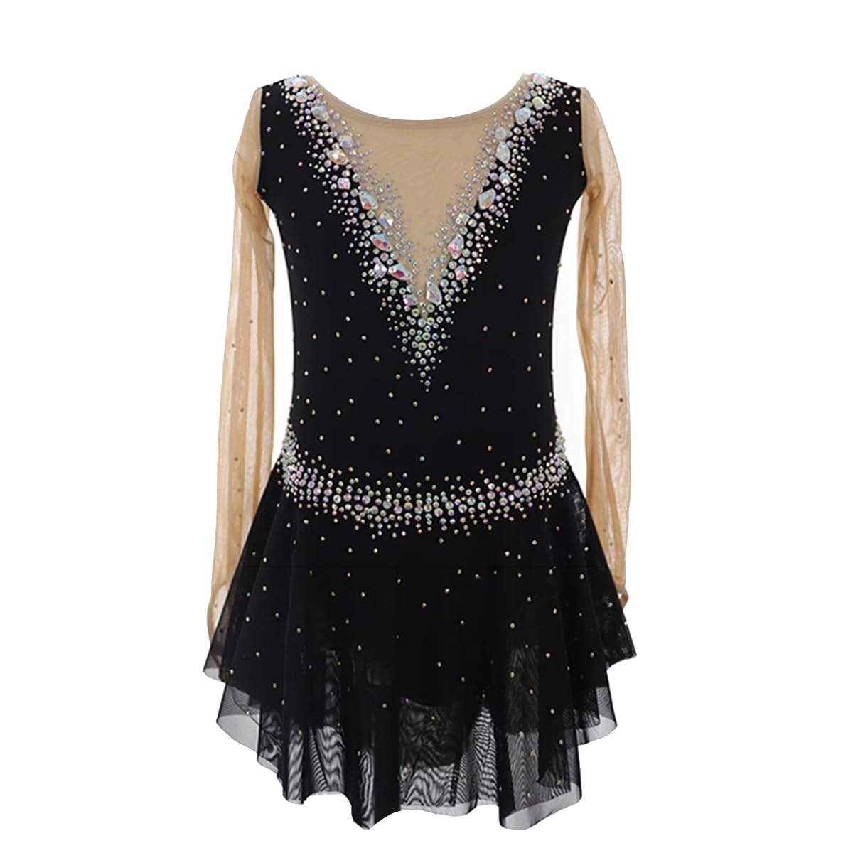 purpleq Damen Eiskunstlauf Kleid Schwarz Langarm Professionelle Eiskunstlauf Bekleidung Für Mädchen Kürkleid mit Strass Rollkunstlauf Wettbewerb Tanzanzug Gymnastikanzug