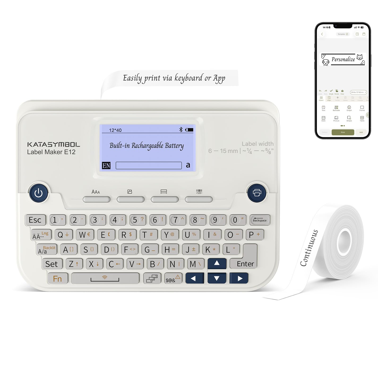 SUPVAN E12 Label Maker Machine, Supports Keyboard or App, Backlit Screen, Narrow Margin, Type-C Charging, Inkless Label Printer for Office, Home, Kitchen, School Organization, White