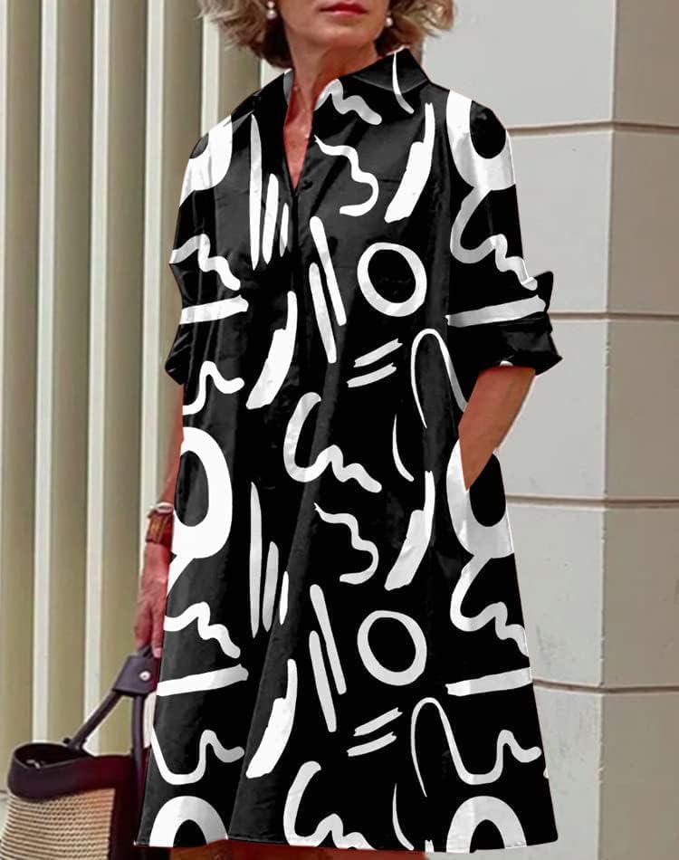 Womens 2025 Long Sleeve Button Down Shirt Summer Dress Casual V Neck Loose Fit Midi Shirt Dresses with Pockets - Image 2