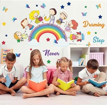 Rainbow Kids Wall Decal, Cartoon Characters and Butterflies Design, Inspirational Nursery Room Decorative Stickers