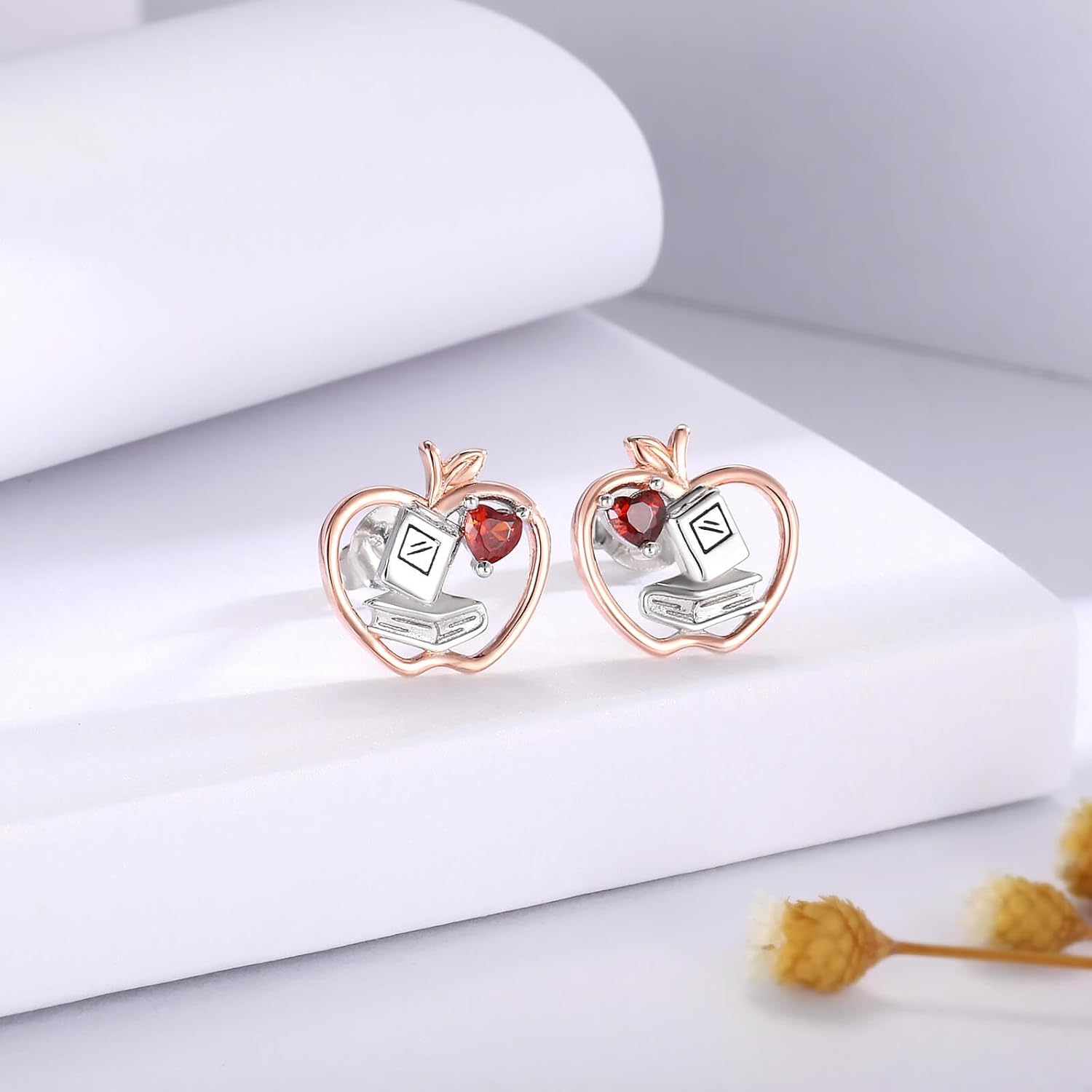 Teacher Apple Appreciation Earrings for Women - Sterling Silver Apple Books Ruler Stud Earrings With CZ Thank You Teacher Appreciation Week Jewelry Gifts for Teachers