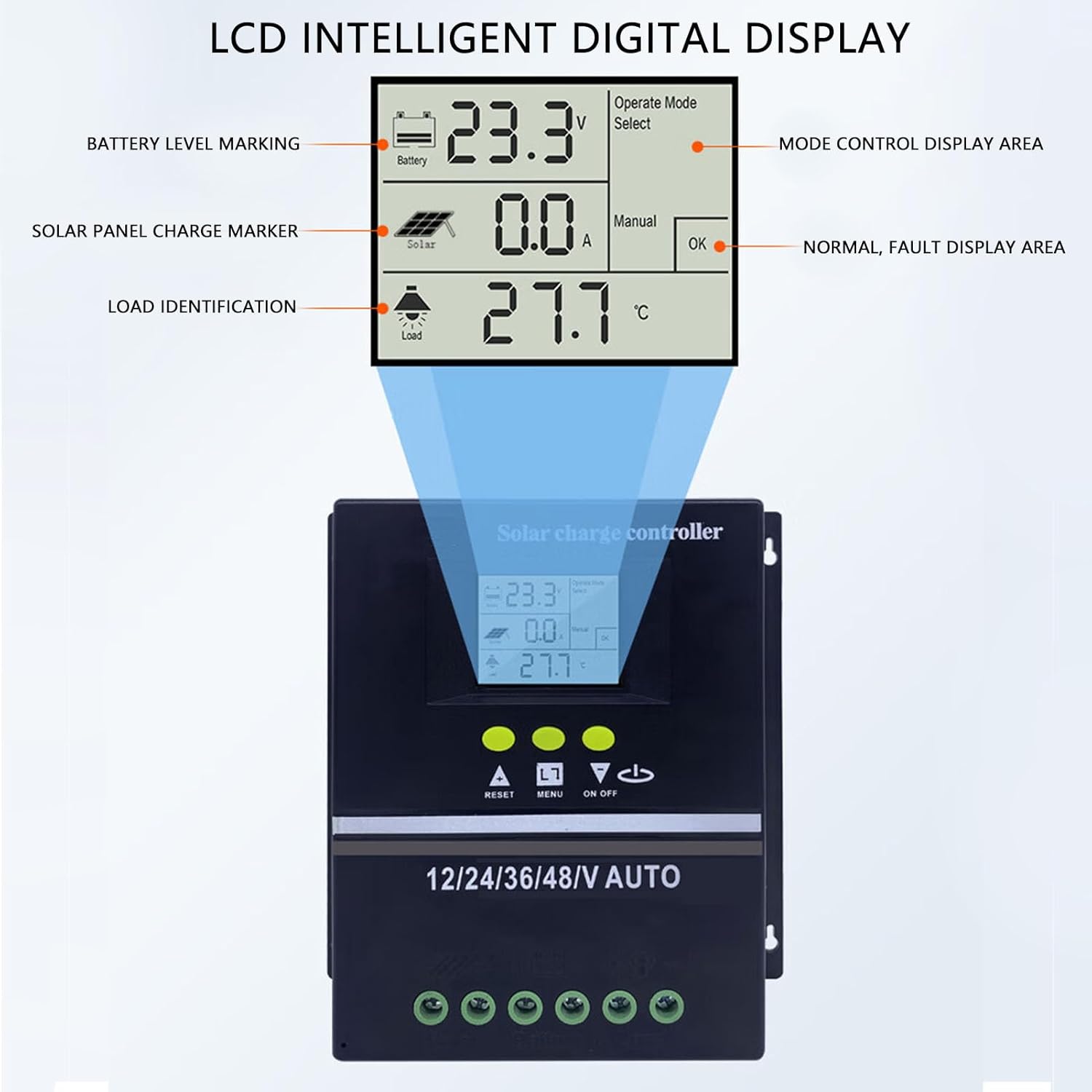 Ítarlegt view of the LCD intelligent digital display on the Marhynchus SmartSolar MPPT Controller