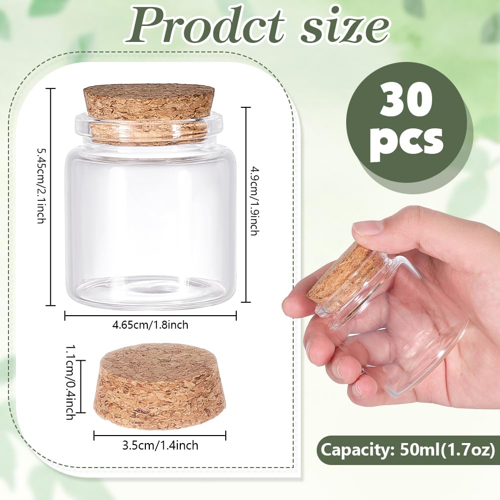 PH PandaHall 30pcs Petits Bocaux en Verre avec Couvercles en Liège Mini Bouteilles en Verre Petits Bocaux à Souhaits pour Loisirs Créatifs Cadeaux Souvenirs de Mariage Décoration, 50ml