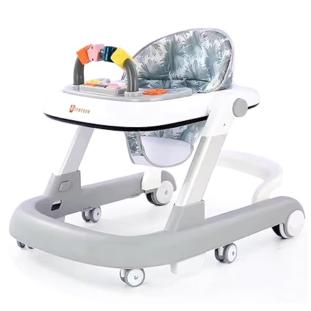 Leotoon 2-in-1 Alphabets Baby Walker | 2 Level Adjustable Height | Musical Tray | Infant Activity Walker | 4 Multi-Directional Mute Wheels | LED Decorated | Foldable Design | Foot Mat | Anti Fall | Rear Wheel With Speed Control | Safe | BIS Certified | (Grey) (6-24 Months)