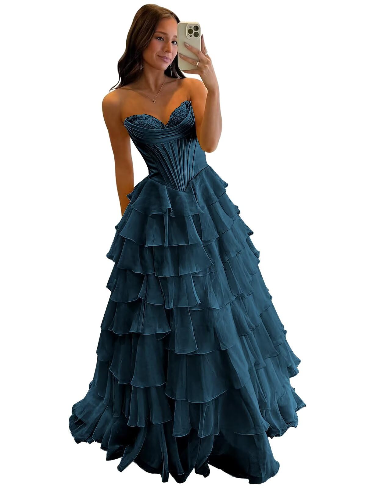 Strapless Corset Prom Dresses for Women 2025 Long Tiered Ruffle Chiffon Formal Evening Gowns with Slit