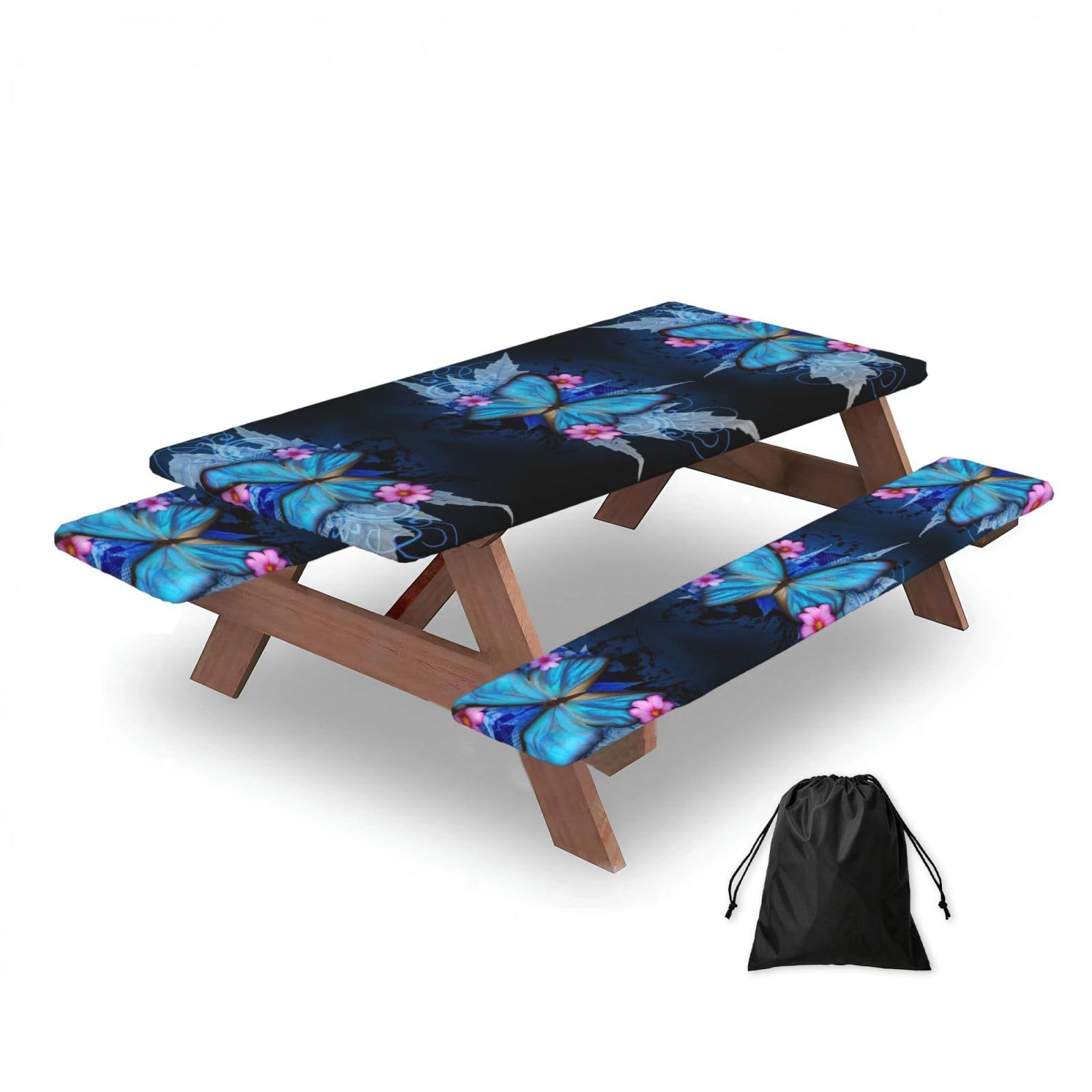 ESNAIUVCD Butterfly Print Picnic Table Cover With Bench Covers,Camping Essentials,Fitted Tablecloth Cover With Elastic Edge, For Indoor & Outdoor 3 Pcs