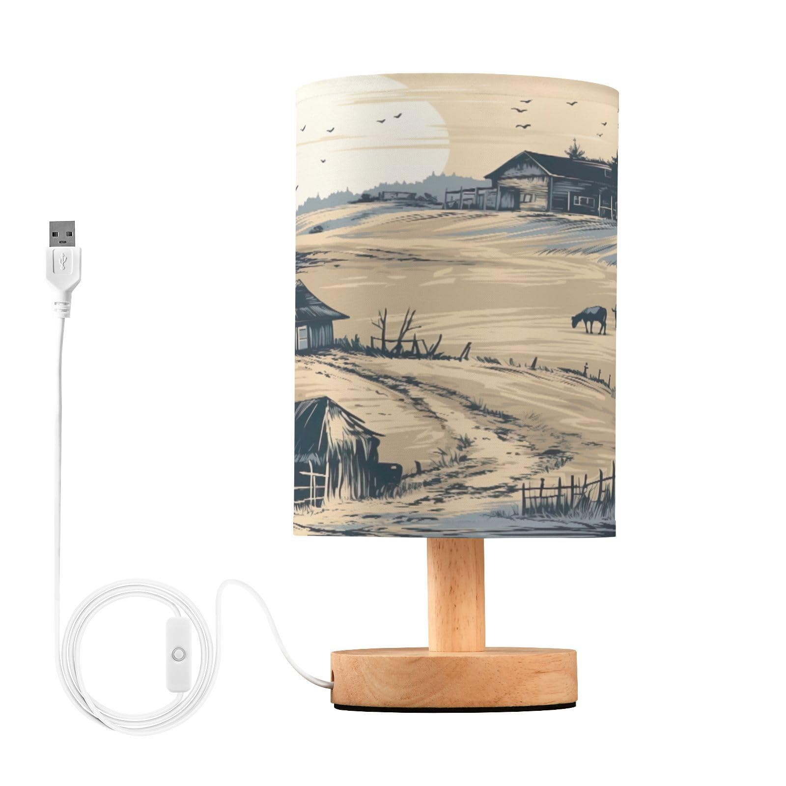 SDMKA Rural Village Bedside Table Lamp for Bedroom, Minimalist Nightstand Lamp with Round Fabric Shade for Living Room, Office, No Bulb Required