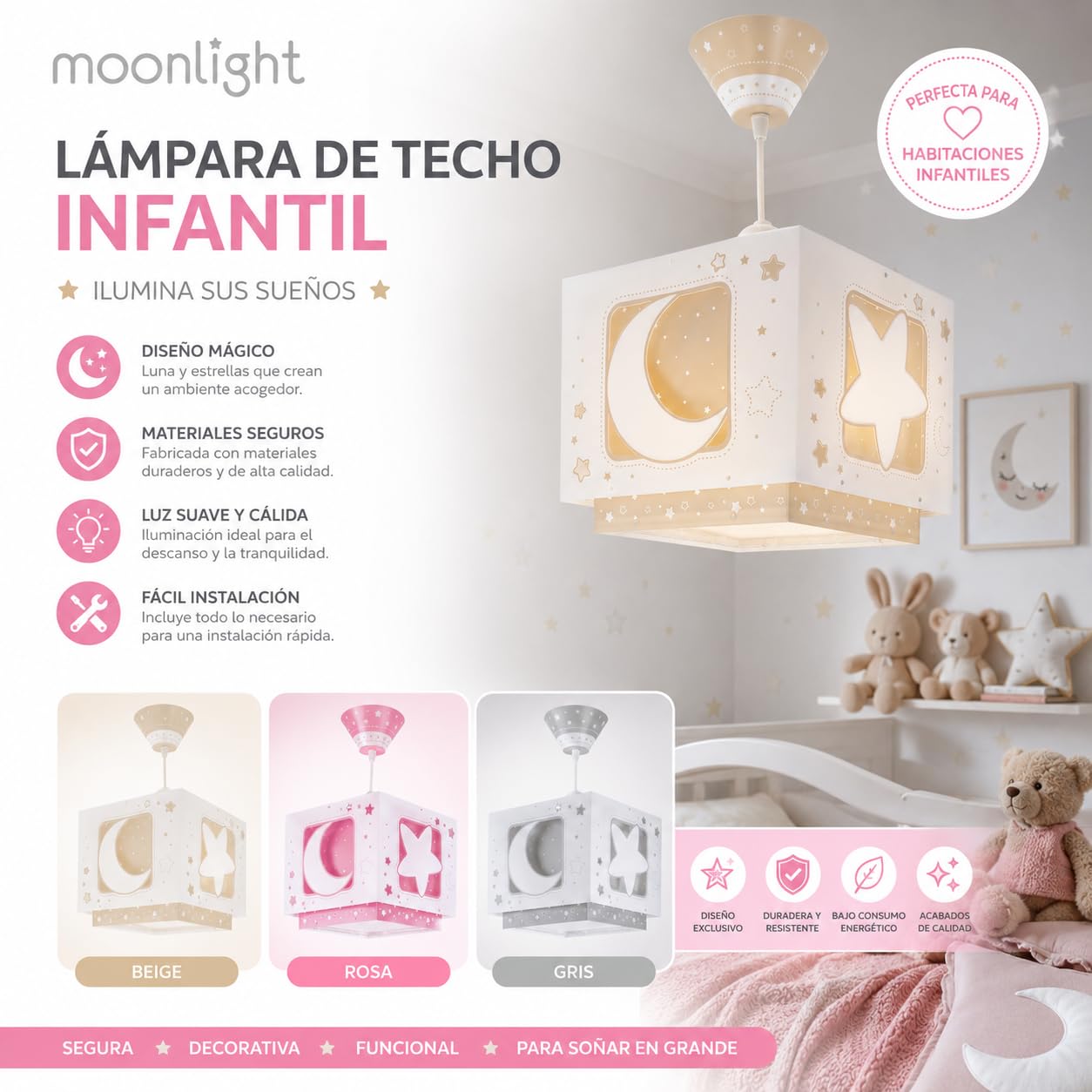 Dalber Lámpara Techo Colgante Infantil Luna y Estrellas Rosa 63232MS E27 | Incluye difusor de luz inferior extraible; Habitación niños; lámparas infantiles; Moonlight