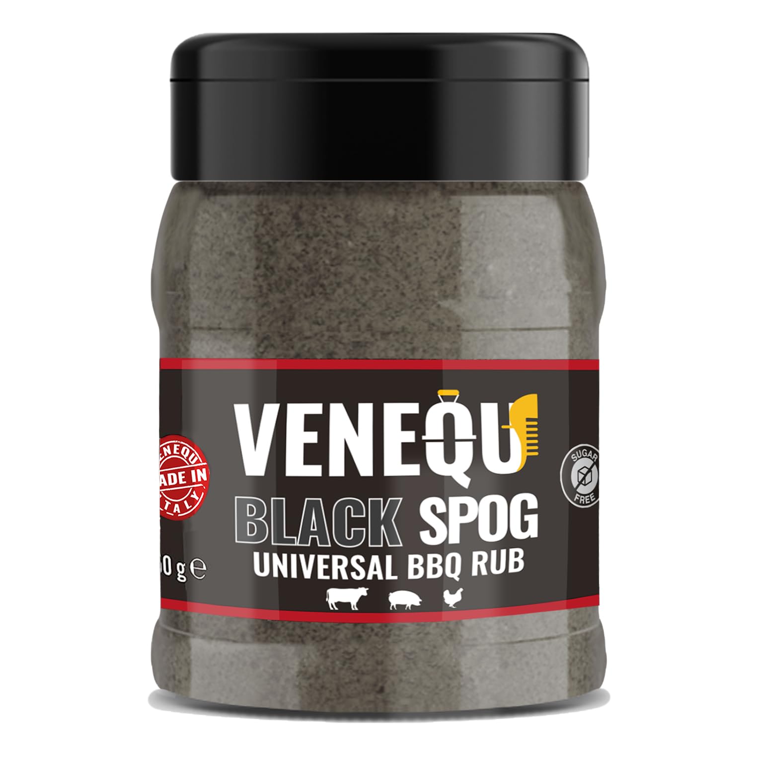 VENEQU Black Spog BBQ Dry RUB 150 gr | Black Spot BBQ RUB 150 gr | Mezcla de especias para barbacoa universal | Perfecto para Beef Ribs, Brisket | Marinado en seco de alta calidad 100% | Made in Italy
