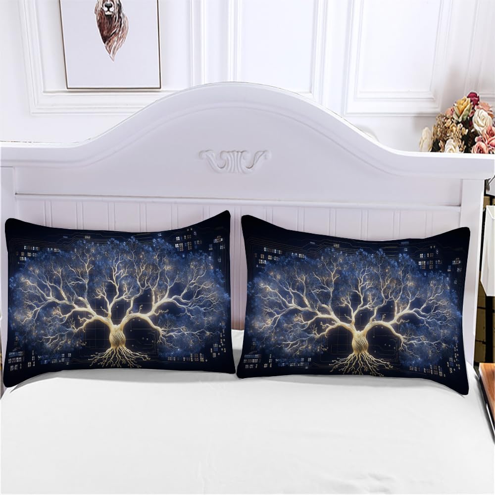 Housse De Couette 200x200 Cm Arbre De Vie - Microfibre Douce, 2 Taies 65x65 Cm - Déco Chambre Noire, Zip Et Sangles - 7