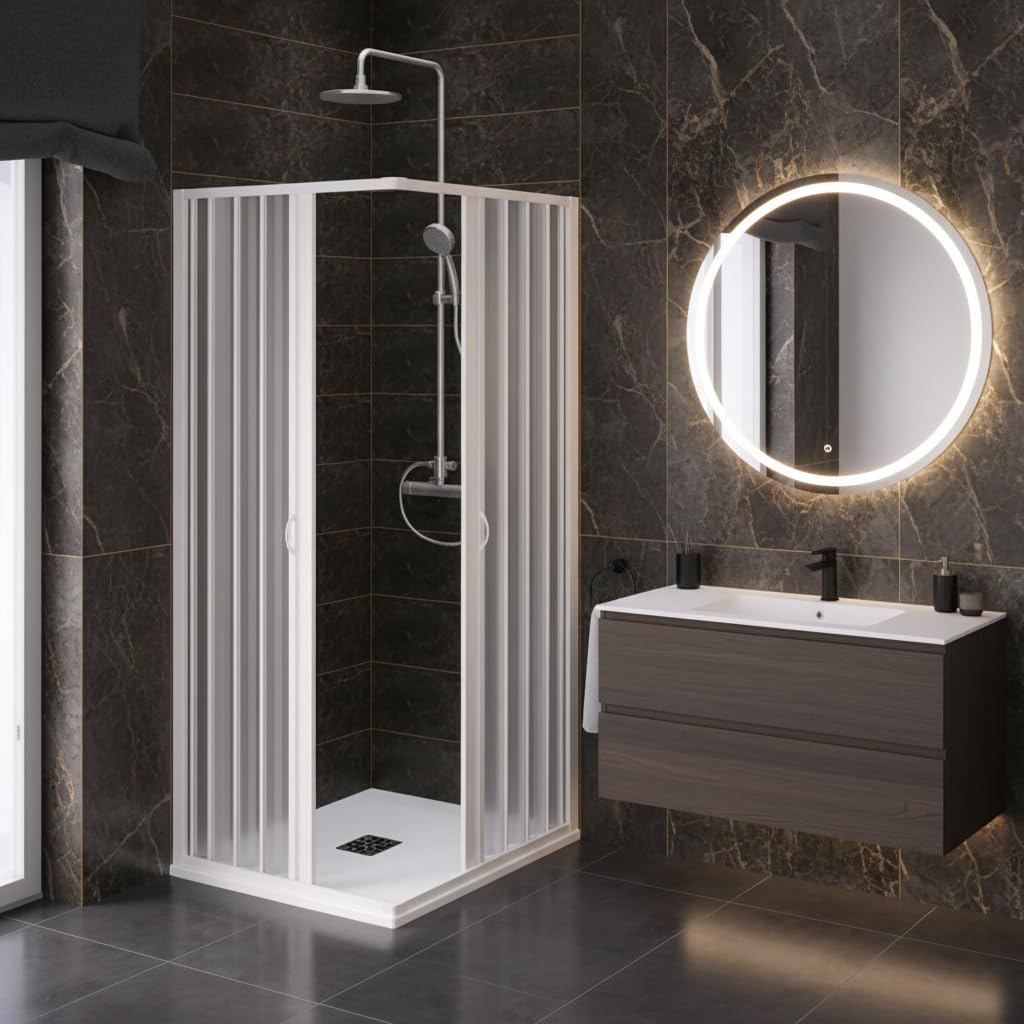Box doccia Armonibox HIMMEL a soffietto angolare in PVC, Anticalcare, Riducibile, Resistente agli urti, Kit completo, Bianco pastello H 185 cm (BIANCO, 80X120X185)