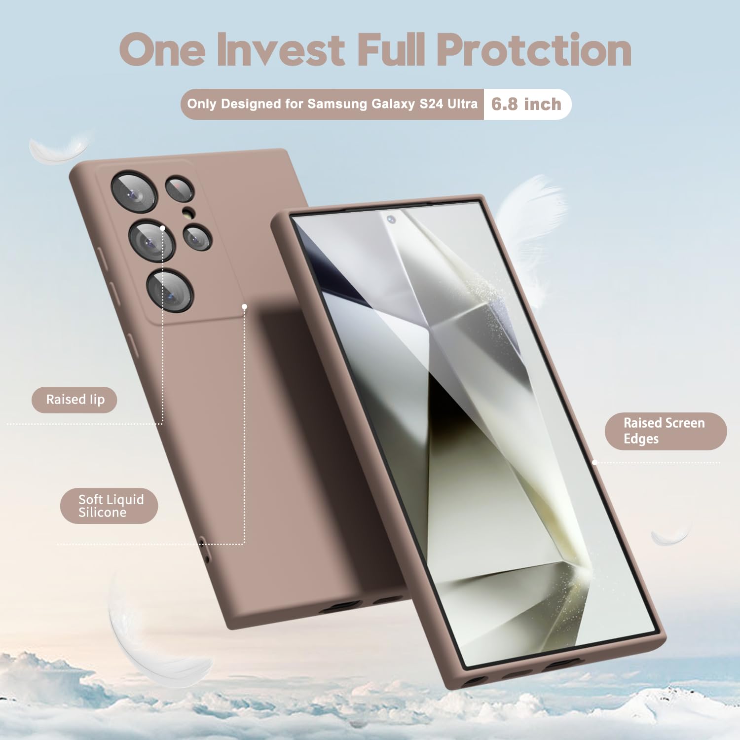 oakxco for Samsung Galaxy S24 Ultra Phone Case Liquid Silicone, Thin Slim Soft Rubber Gel TPU Plain Simple Cover for Women Girl Cute, Matte Solid Color, Brown Khaki Nude — view 3