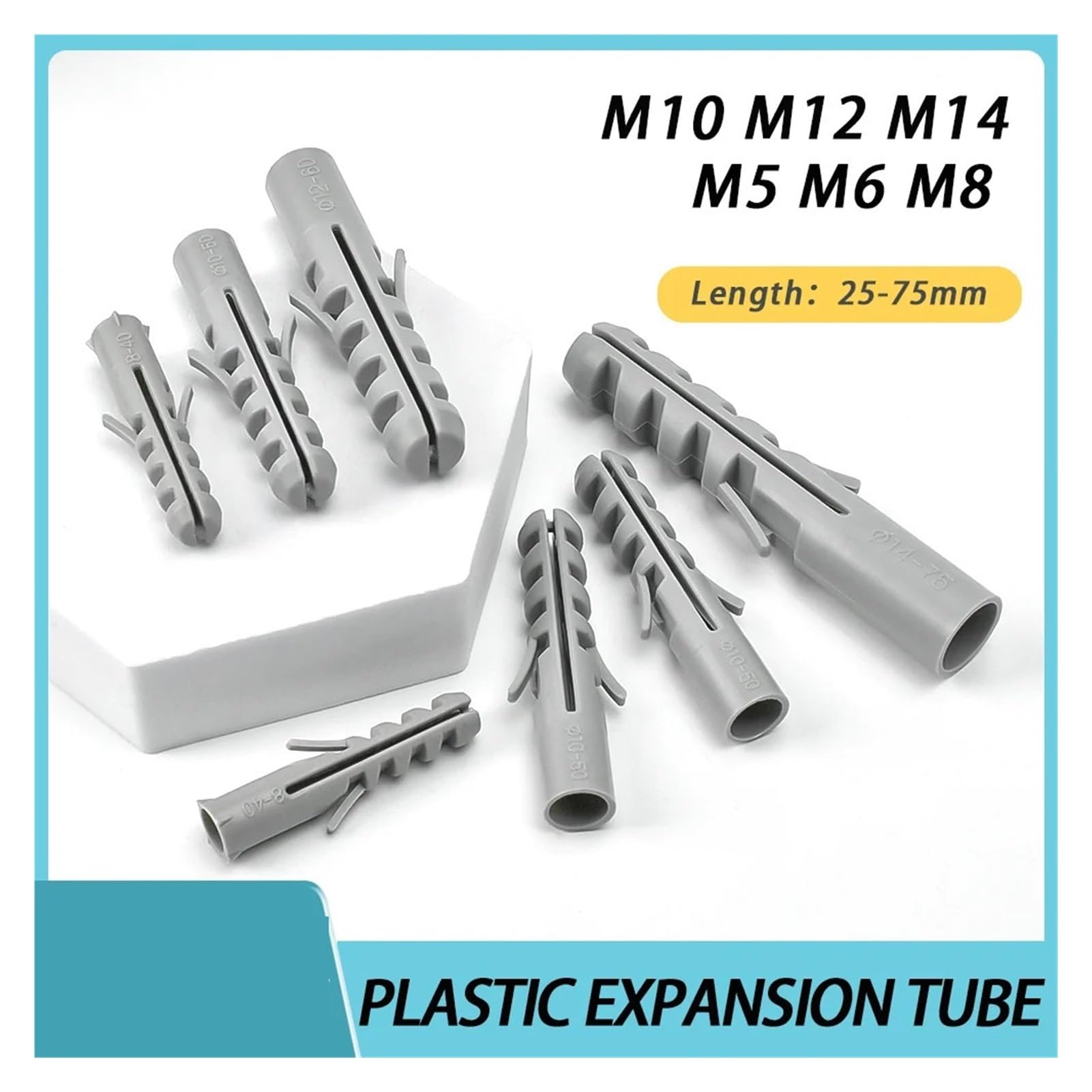 tubo de expansión de plástico, tacos de pared, Paquete surtido de anclajes pared tubo expansión plástico M5-M14(M5x25 (2000pcs))