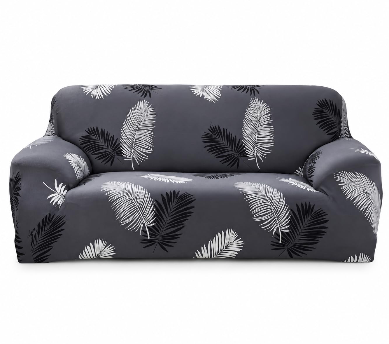3 Seater Stretch Sofa Cover – Tropical Leaf Printed Elastic Couch Slipcover, Soft Washable Fabric, Grey Furniture Protector-image-48