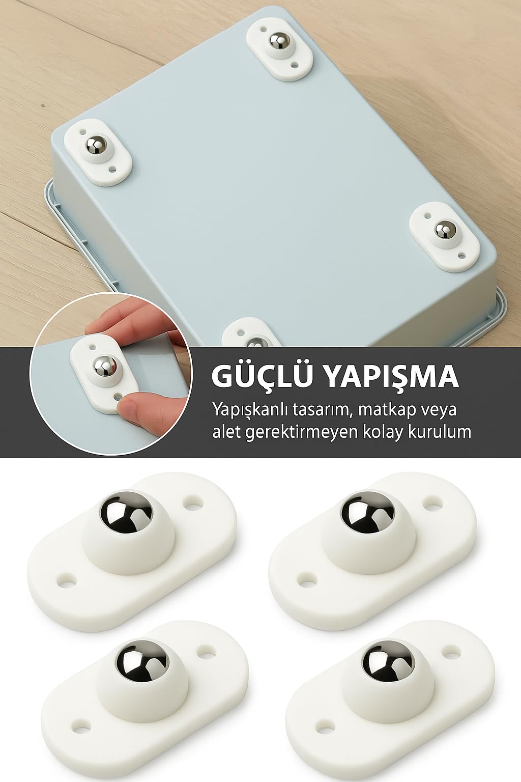 ADAPTOLL Bilyeli Eşya Kaydırma Aparatı 4’lü Set – Çelik Bilyeli Mobilya Aparatı, Kendinden Vidalı Zemin Koruyucu Mobilya Kaydırıcı, Masa Sandalye Dolap Hareket Kolaylaştırıcı Beyaz Mobilya Aksesuarı