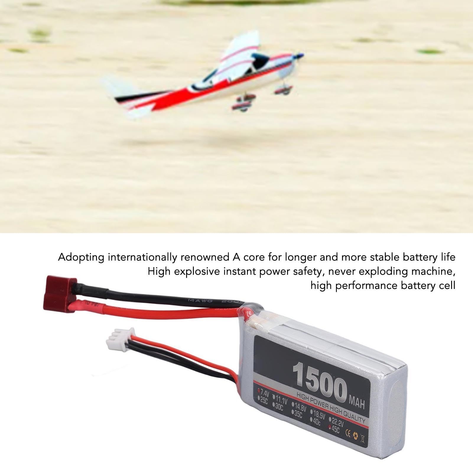 Batterie LiPo 2S 7.4V 1500mAh 45C, Batterie d'avion RC pour Modèle d'avion télécommandé RC (Prise en T)