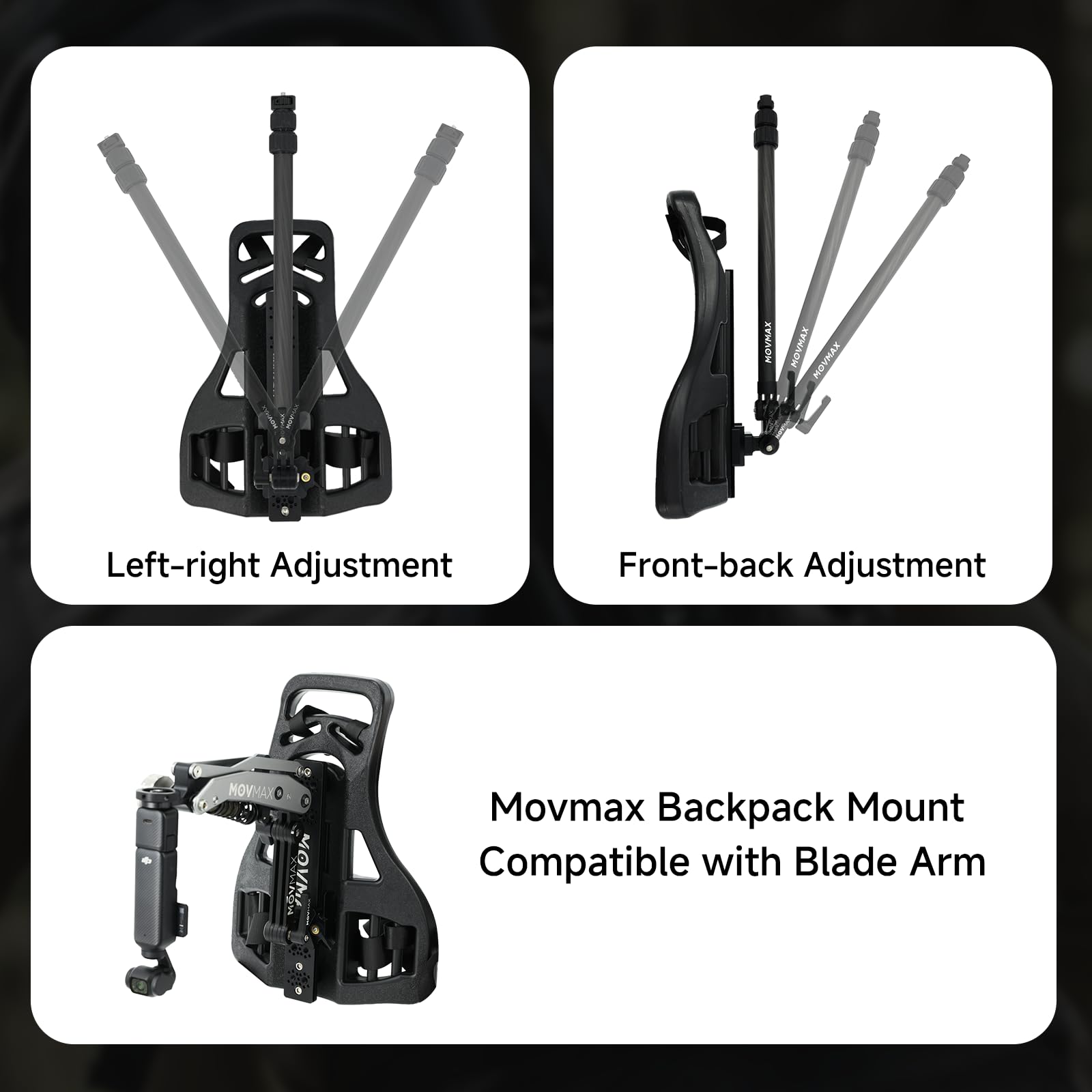 Movmax Kit de support de caméra pour sac à dos pour appareil photo Insta360 X5/X4/X3/X2 et DJI Osmo 360, perche télescopique en fibre de carbone de 40,6 à 101,6 cm, support de sac à dos réglable en