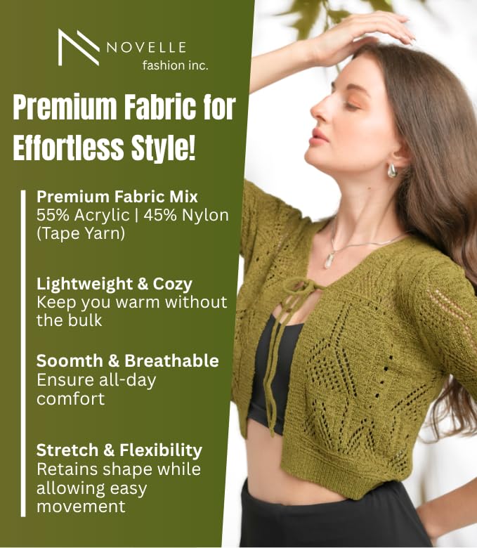 Women’s Crochet Cardigan Small Size | light weight Short Sleeve Cardigan For Women | Beautiful Olive Color with Viscose & Nylon Fabric Blend | Front Bow Tie Closure For Casual Wear & More2