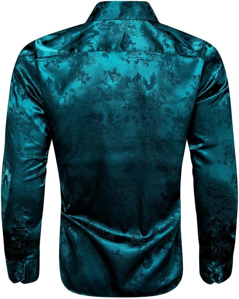 Men Silk Long Sleeve Peacock Flower Slim Fit Male Blouese Casual Tops Formal
