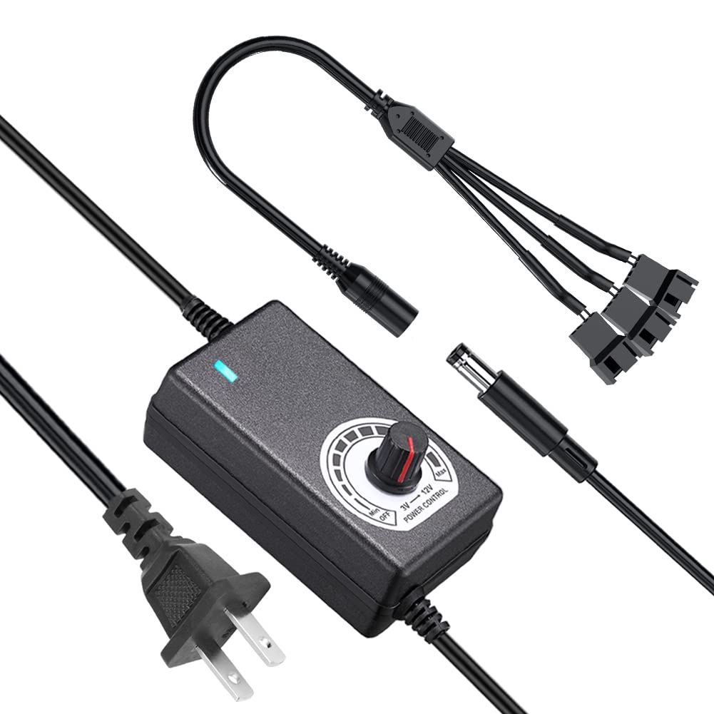 Delinx Triple 3-Pin and 4-Pin PC Fan Power Adapter, 12V Fan Speed Controller,100-240vAC to 3-12vDC Adjustable Power Supply