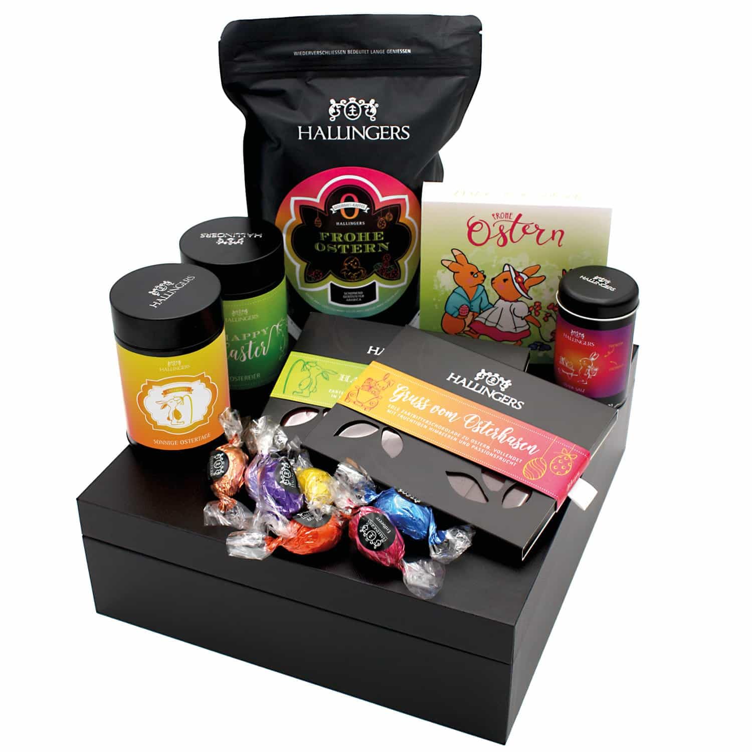Hallingers Genuss Manufaktur Feinkost Oster-Geschenk-Set - XXL-Geschenkkorb "Easter Big Box ..." großes Osternest Schokolade, Kaffee, Pralinen-Ostereier & Osterhase, Ostern Körbchen für Frauen Männer