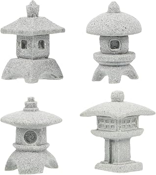 Outanaya Mini Pagoda Statue Set 4 Pieces Sandstone Garden Ornaments for Micro Landscape Succulent Plant Decor Patio Outdoor Statues