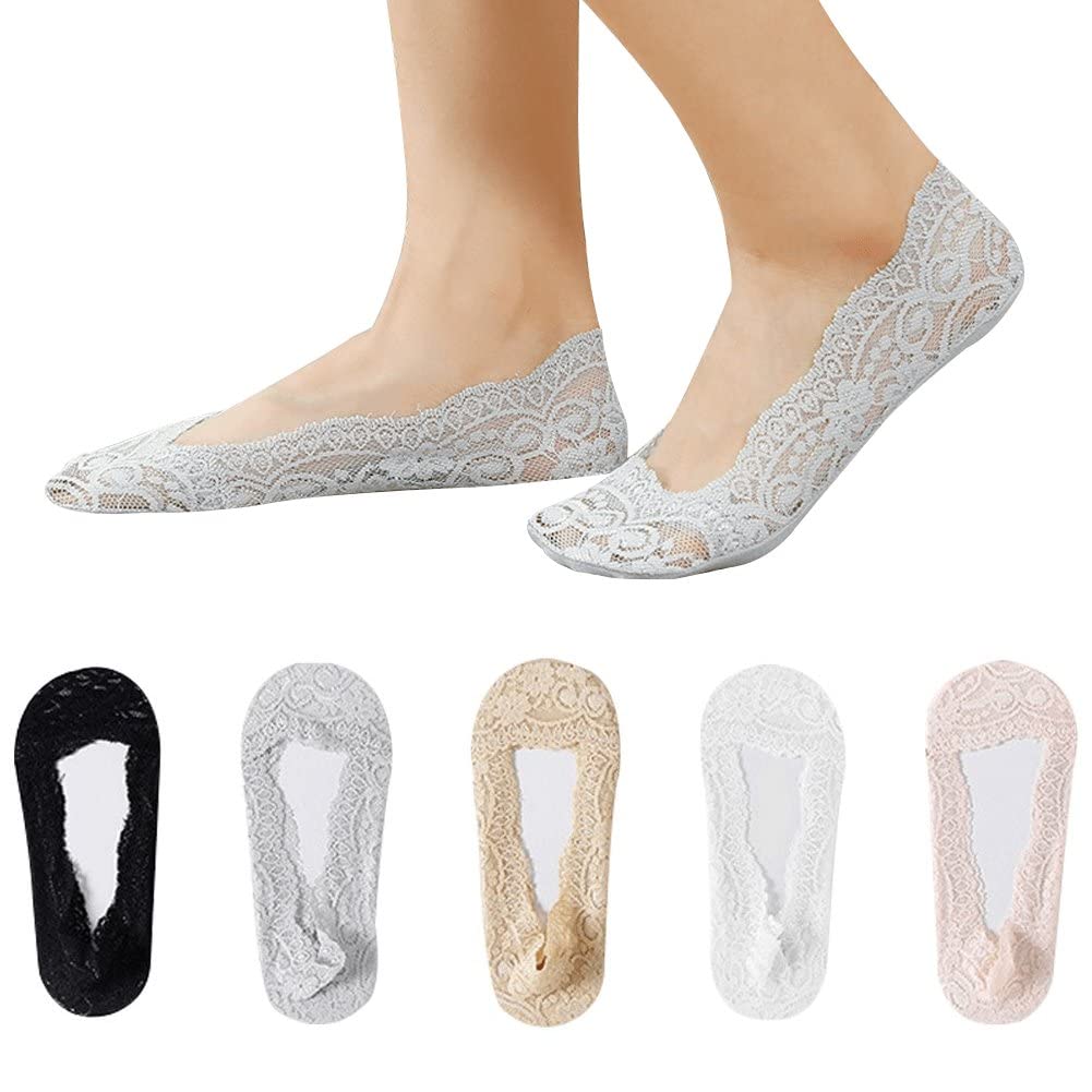 Dinntty Women's Mixed Color Invisible Socks 5 Pairs No Show Lace Boat Socks Non-Slip Ankle Socks Thin Breathable Thin Breathable For Girls