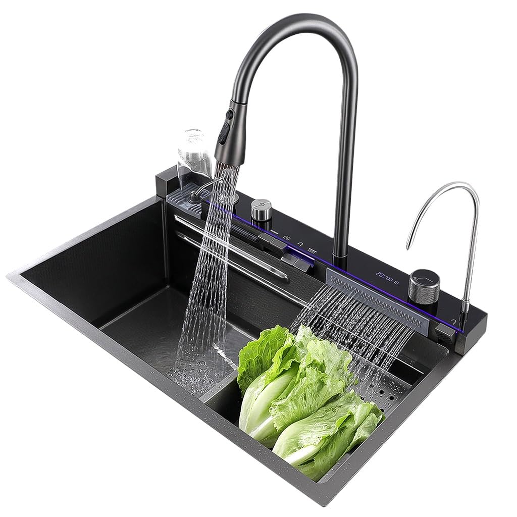 ZQFHSX Drop In Smart Waterfall Kitchen Sink, Large Workstation Black Prep Wet Bar Sink With Drain Set, Stainless Steel Farmhouse Multifunction Single Bowl Sink(Black,75x46x22cm)