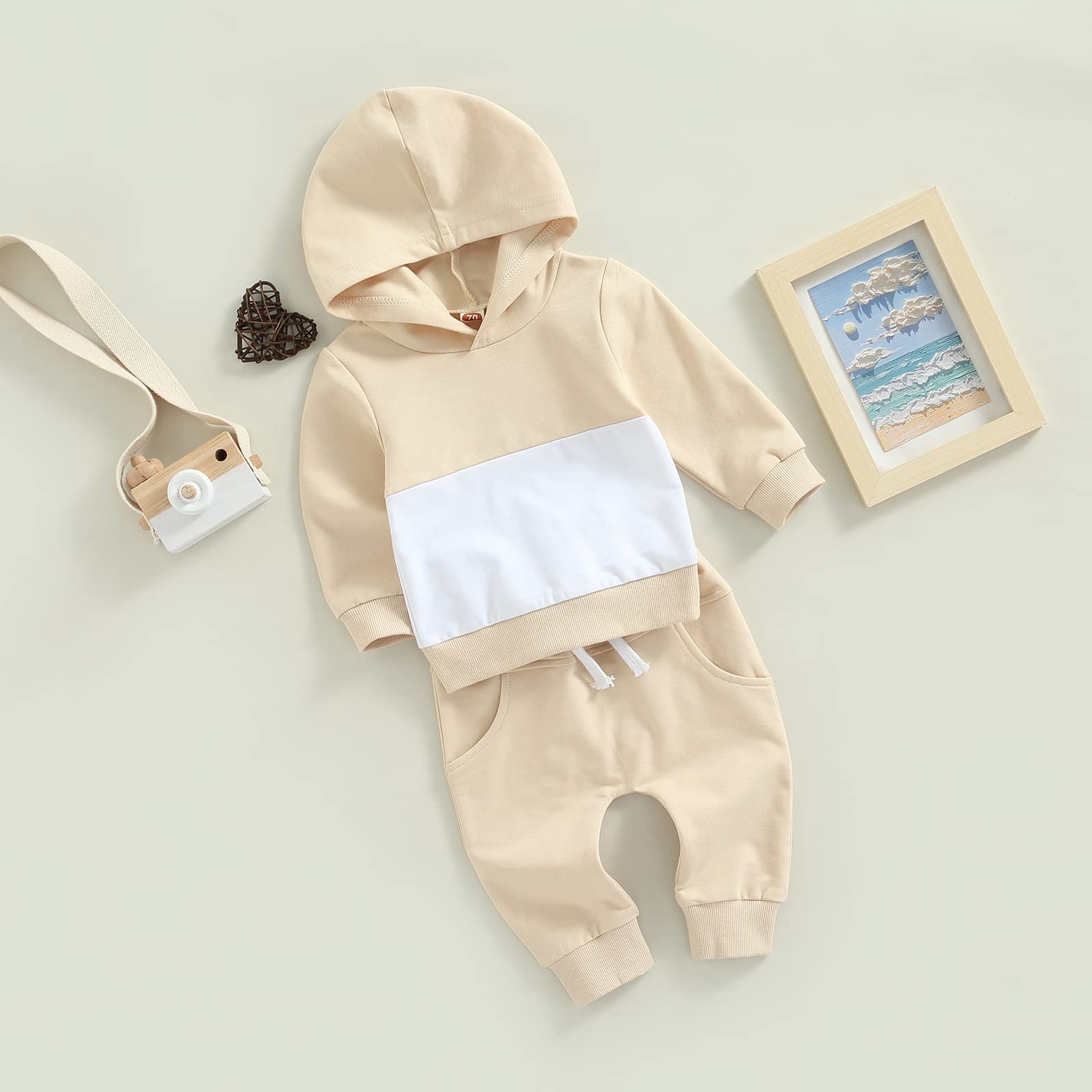 Baby Hoodies Outfit Toddler Boy Girl Sweatsuit Color Block Sweatshirt Hooded Top Sweatpants Patchwork Pant Set Clothes (Beige&White,18-24 Months)