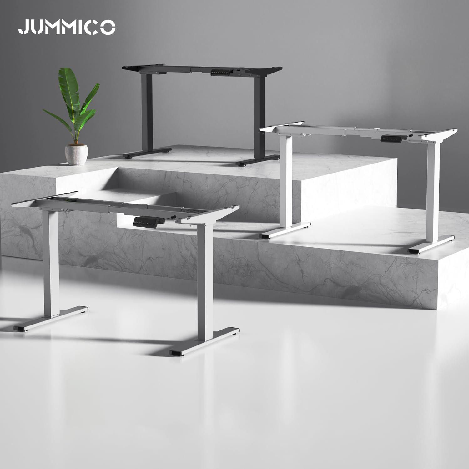 JUMMICO Dual-Motor Tischgestell Höhenverstellbar mit USB-Buchse und Kabelwanne, Elektrisch Höhenverstellbarer Schreibtisch Gestell mit Sitz-Steh-Erinnerungs und Rollen Wolkenweiß