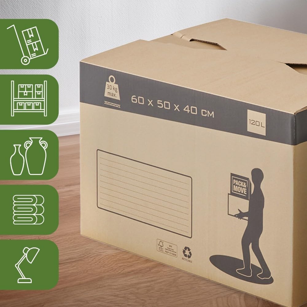 Pack de cajas de cartón para mudanza con fondo automático - 60x50x40cm - Charge max 30KG / 120L - certificados FSC 70% - Pack and Move (20)