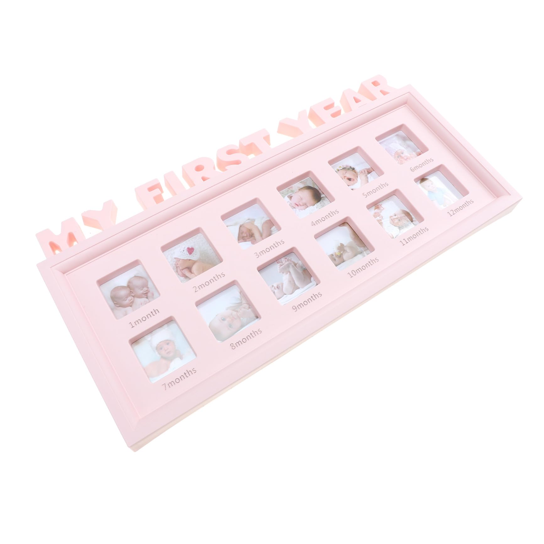 Marco de Fotos para Bebés de 12 Meses en Color Rosa de Pvc Capacidad para 12 Imágenes, Adecuado para Baby Shower y Decoración de Sala