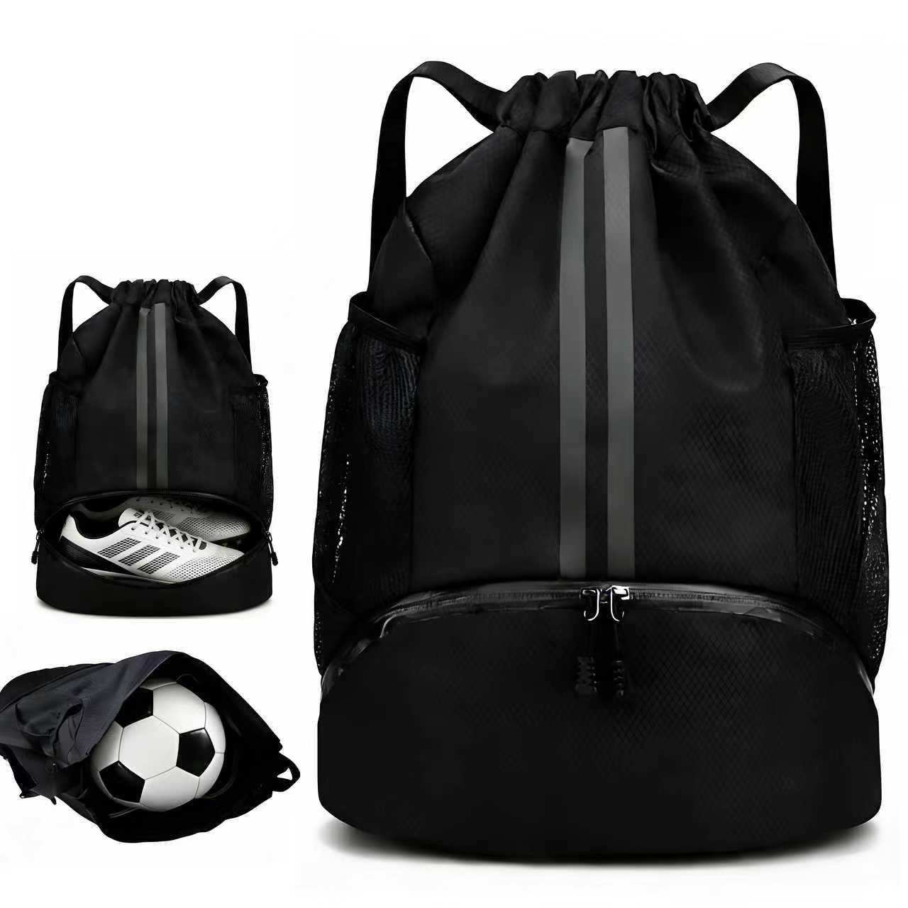 ZHUOmengyun String Swimming Gym Backpack, Unisex Waterproof Drawstring Backpack Soccer Basketball Volleyball Bag with Shoe Compartment Large Sports Ball Bags for Men and Women (Black)