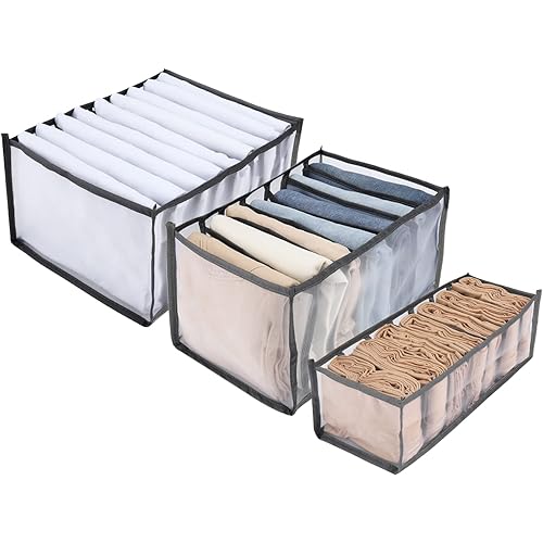 3 Pack Wardrobe Clothes Organizer, Clothes Organizer Drawers, Washable Foldable Clothes Drawer Storage Box for Pants Jeans Tshirt Legging Underwear Sock