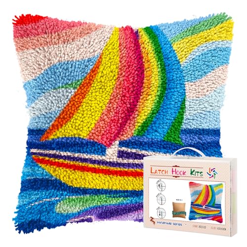 DIY Latch Hook Pillow Kits for Adults Rainbow Sailboat Printed Pillowcase Crochet Yarns Hooking Handmade Pillow Cover Cushion for Home Sofa Decoration 17x17inch-1