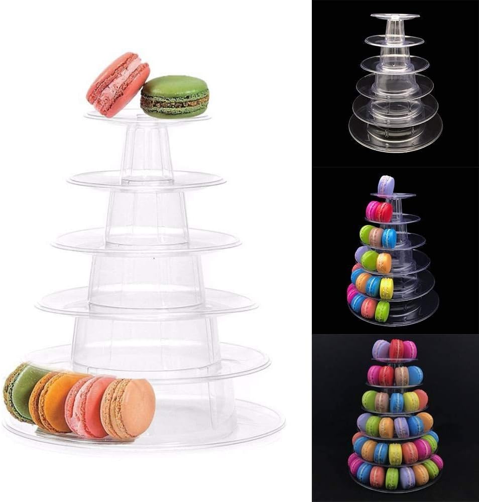 6 Tiers Clear Round Macaron Tower PVC Tray Cake Dessert Stand and Macaron Display Rack for Wedding Birthday Party & Festival