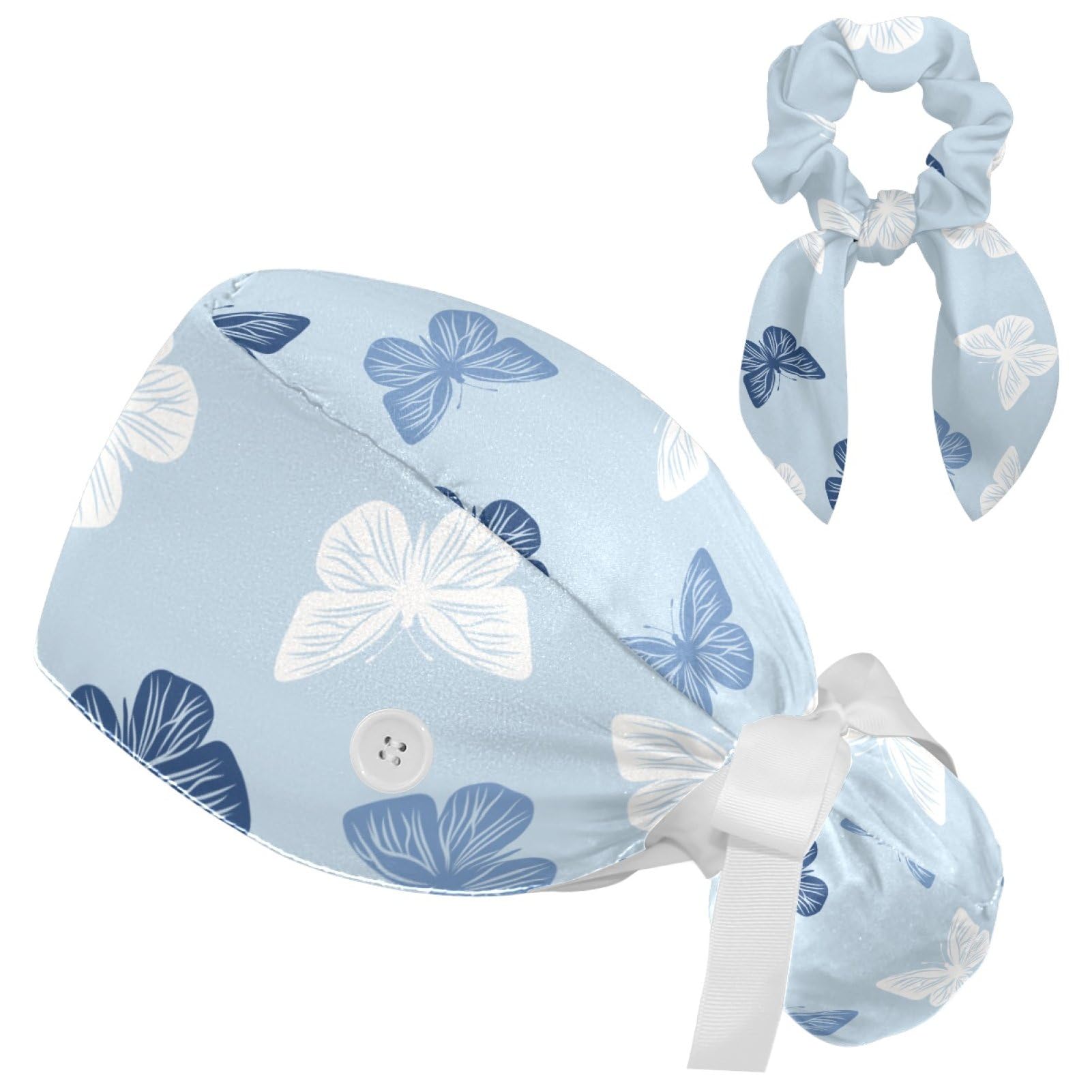 VcedizoColored Butterflies Scrub Cap, Adjustable Working Cap with Button, Bouffant Caps with Bow Hair Scrunchy