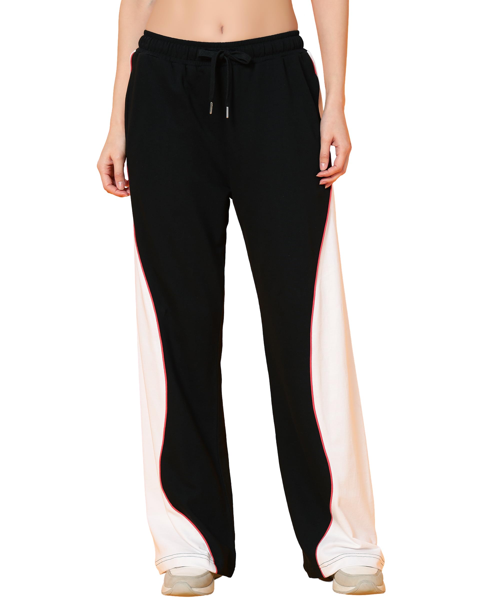 pockman Women Black & White Curve Pipping Wide Leg Comfort Joggers-picture-29