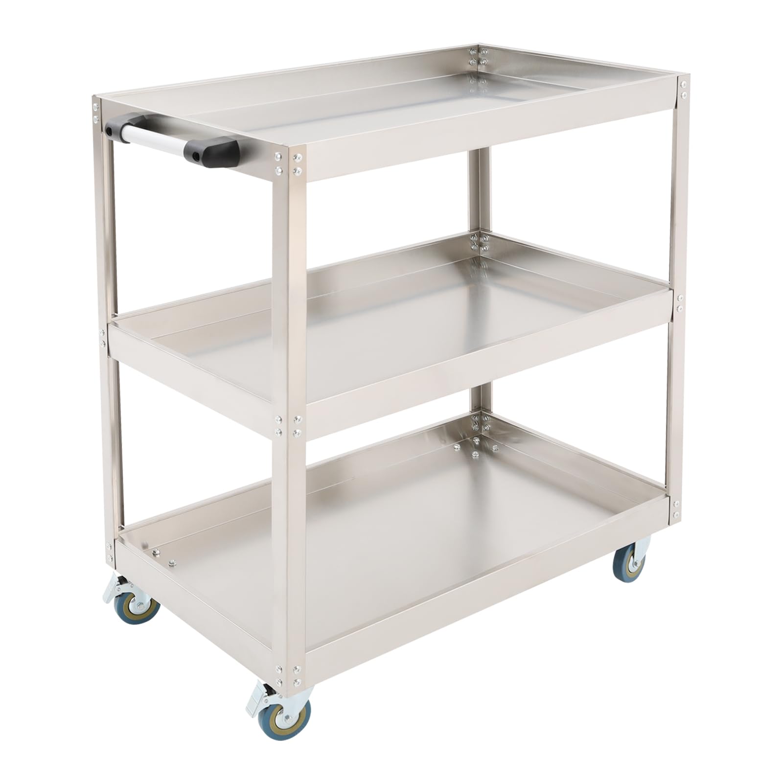 Carrello da portata in acciaio inox, portatile, con 3 partizioni e 4 ruote, carrello da cucina per ristoranti, cucine e cantieri, portata: 150 – 200 kg, 80 x 48 x 90 cm