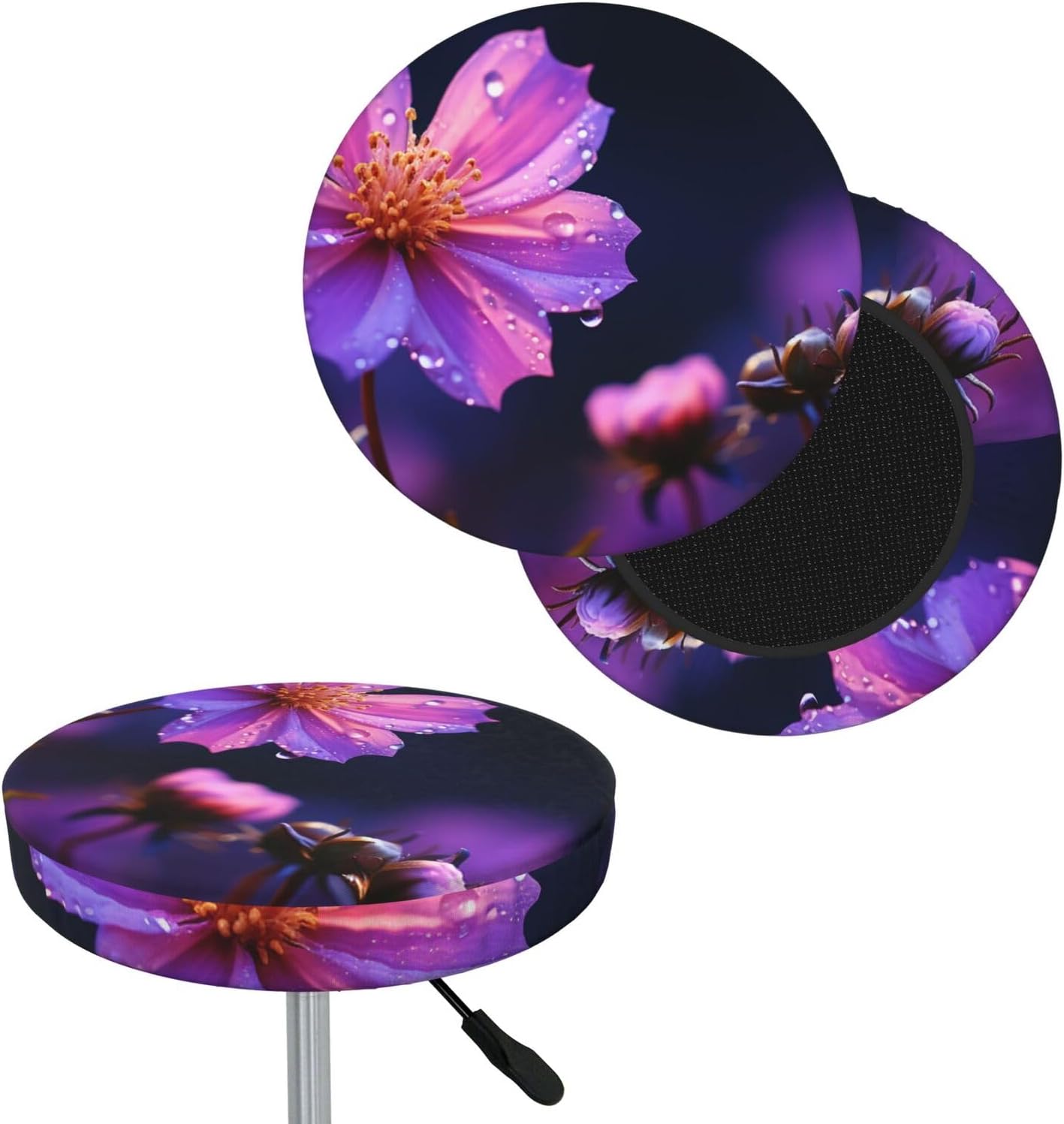 Bar Stool Cover Round Elastic Stool Cushion Covers Purple Flowers At Night Bar Chair Cover Washable Stool Cushion Slipcover Stretch Stool Seat Covers for 12-14 Inch Chair