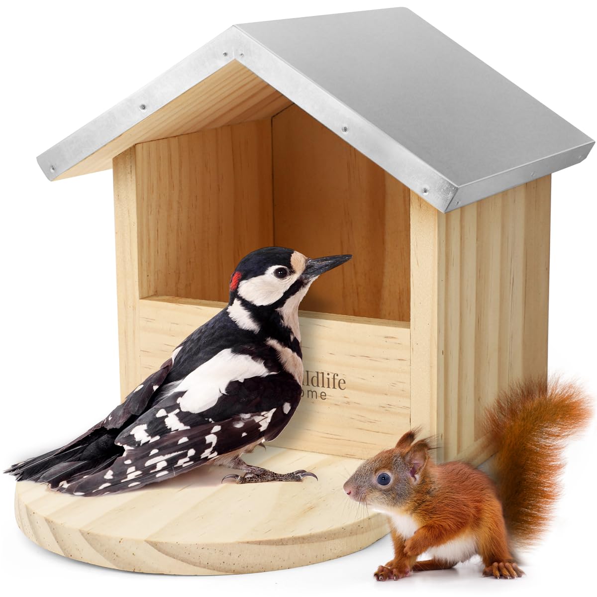 WILDLIFE HOME Robustes Vogel-Futterhaus Große Größe für Spechte, Elstern und Eichhörnchen & Co. - Massivholz mit Metall-