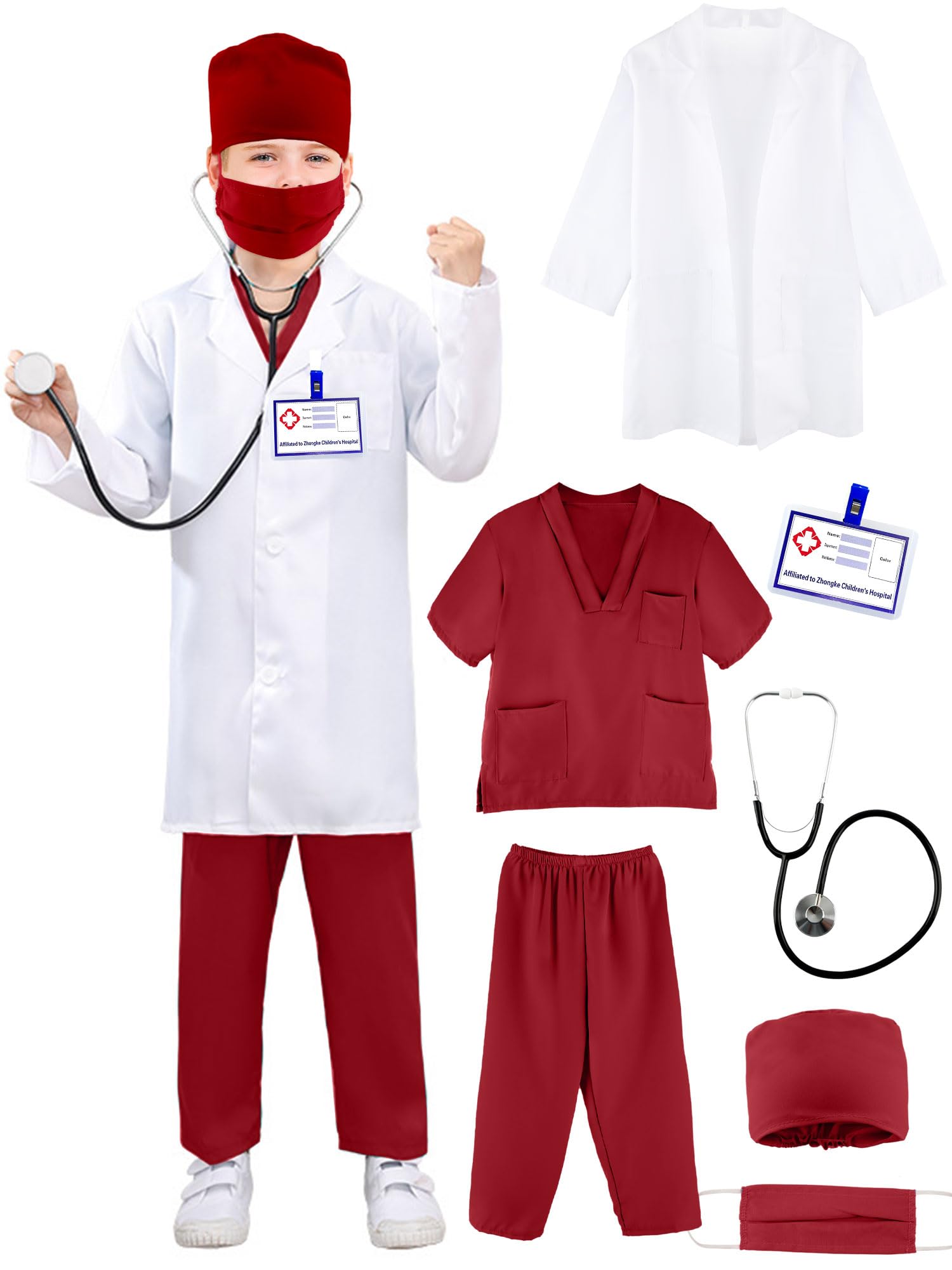Puteraya Kids Doctor Costume Set Surgical Doctor Suit Kit Scientist Uniform with Stethoscope Toys for Boys Girls Dress Up Halloween Cosplay (Doctor Costume Set 6